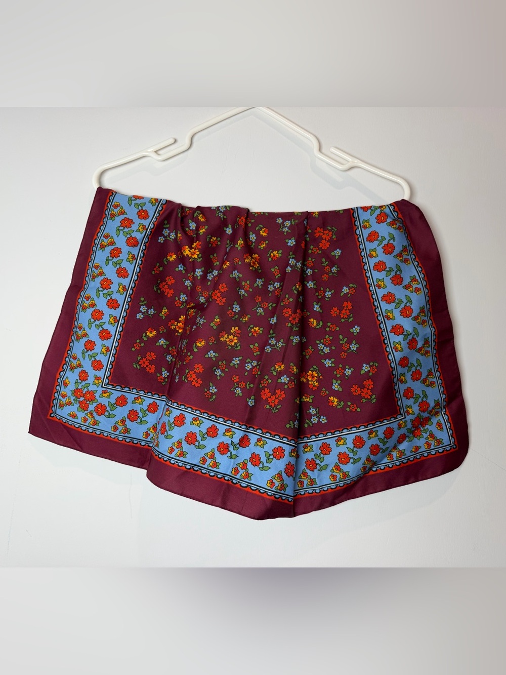 Vintage Floral Border Burgundy Scarf 27” Square